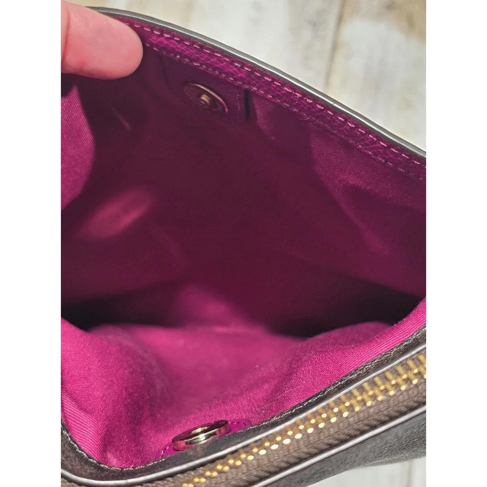 Coach North South Crossbody Bag Signature Canvas‎ Brown Magenta  File Purse